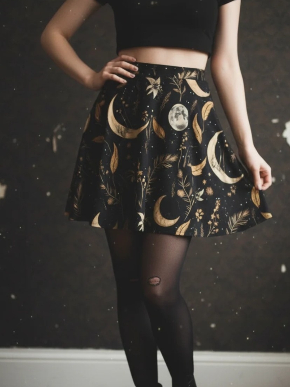 Celestial Moon Print Black Skater Skirt